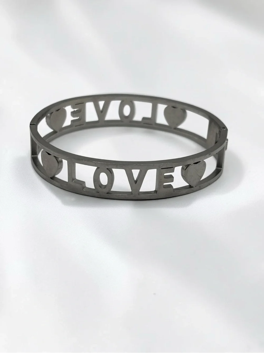 Silver & Crystal Rhinestone LOVE Heart Hinged Cuff Bracelet